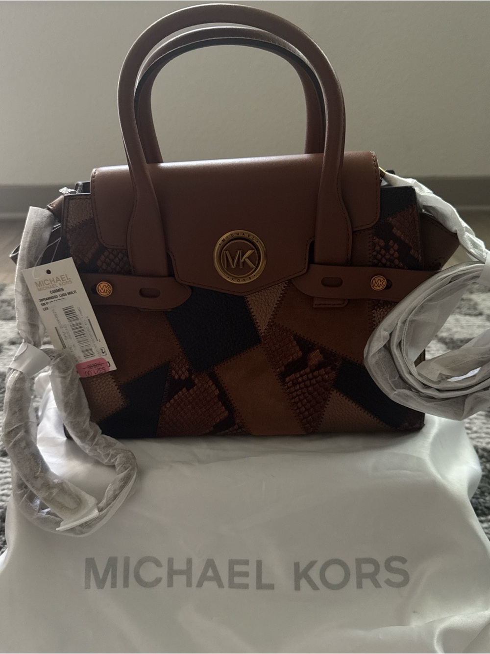 Michael Kors Brown Patchwork Satchel with Gold Logo